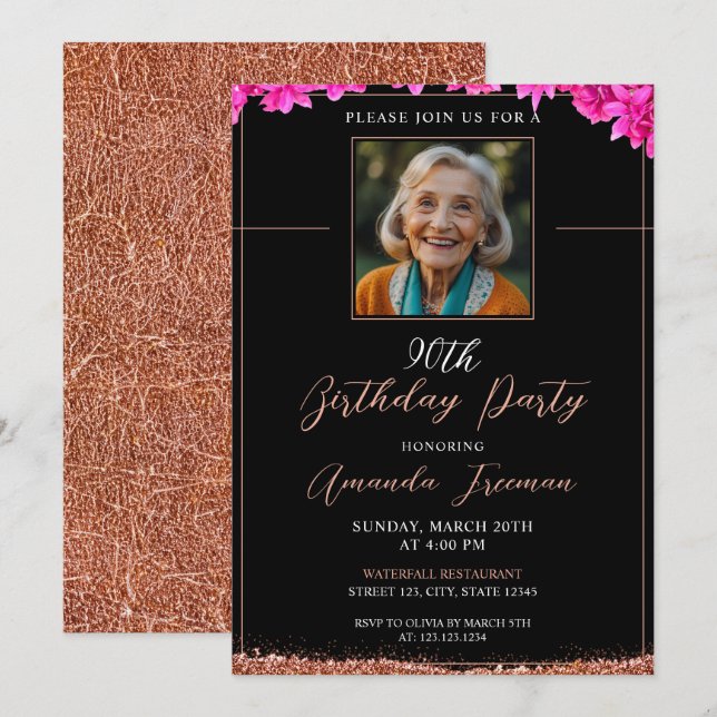Invitación Elegante Purpurina floral 90 cumpleaños (Anverso / Reverso)