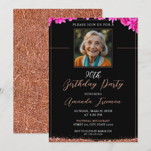 Invitación Elegante Purpurina floral 90 cumpleaños