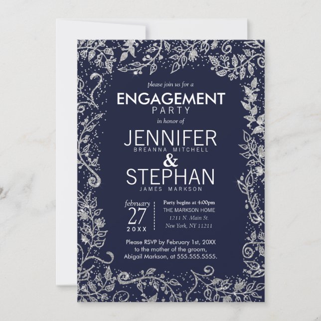 Invitación Elegante Purpurina floral de la Marina Azul Plata (Anverso)