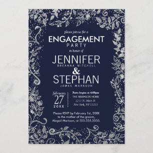 Invitación Elegante Purpurina floral de la Marina Azul Plata
