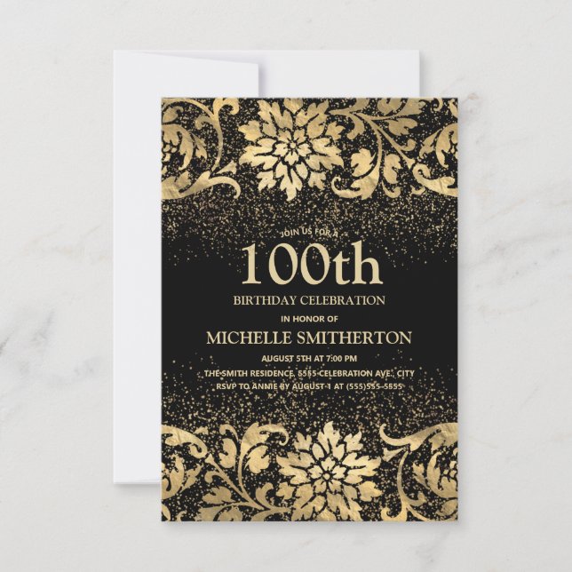 Invitación Elegante Purpurina Floral de Oro Negro 100 cumplea (Anverso)