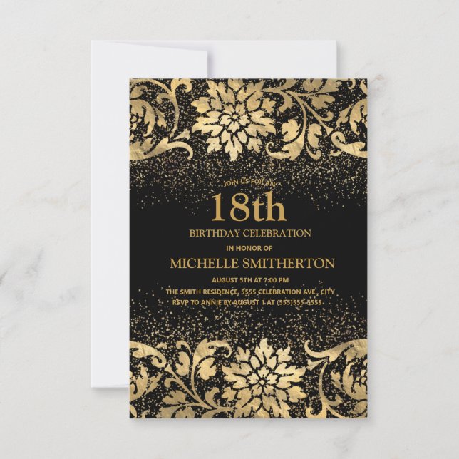Invitación Elegante Purpurina Floral de Oro Negro 18 cumpleañ (Anverso)