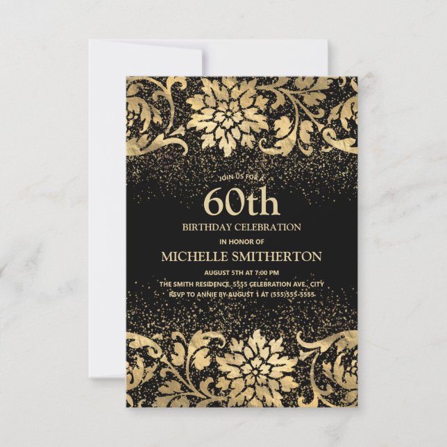 Invitación Elegante Purpurina Floral de Oro Negro 60 cumpleañ (Anverso)