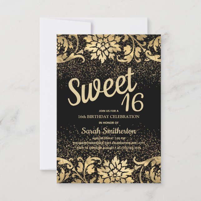 Invitación Elegante Purpurina floral de oro negro dulce 16 (Anverso)