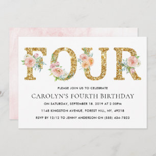 Invitación Elegante Purpurina Floral Gold CUATRO CUARENTA