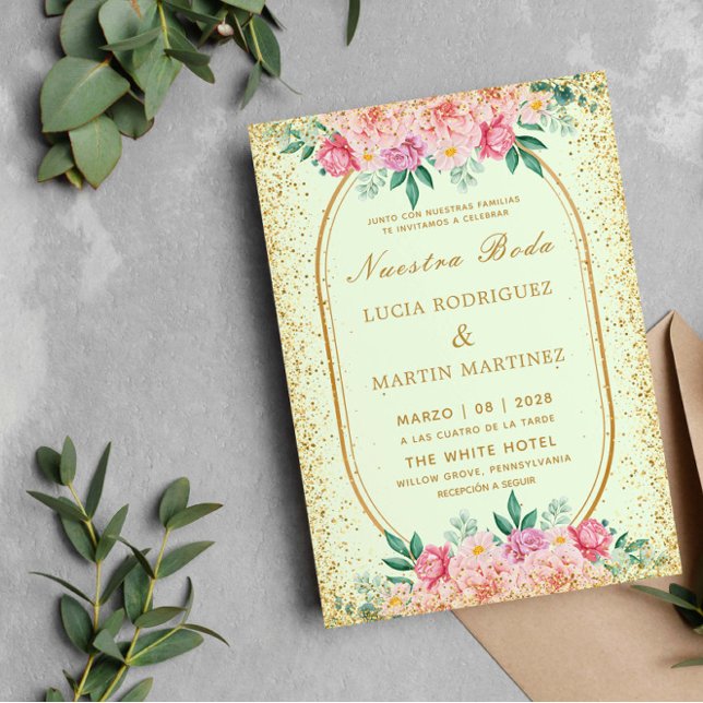 Invitación Elegante Purpurina Floral Gold Green Nuestra Boda (Subido por el creador)