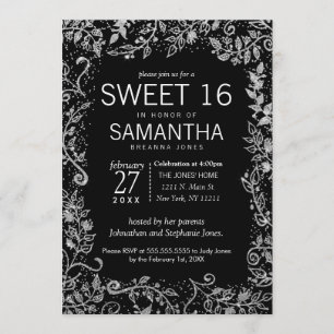 Invitación Elegante Purpurina floral negro plateado dulce 16