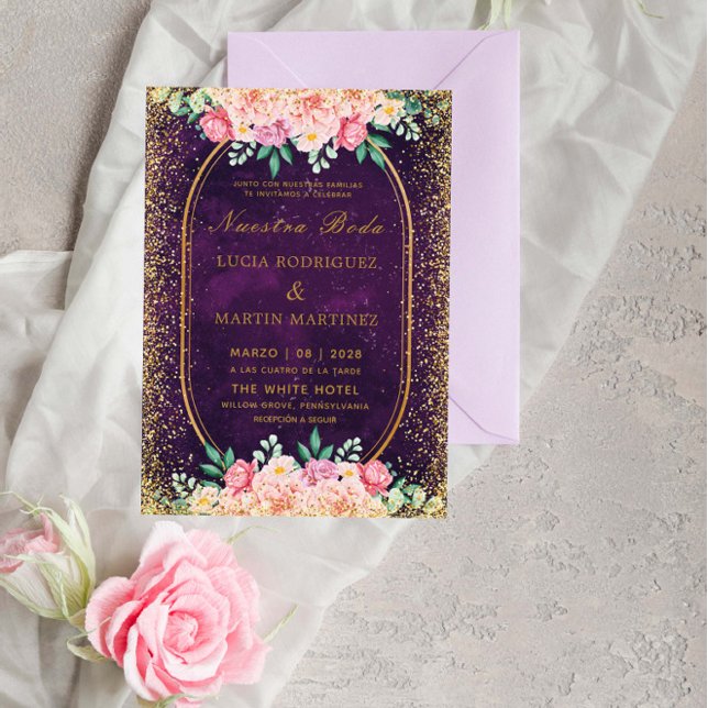 Invitación Elegante Purpurina Floral Oro Púrpura Nuestra Boda (Subido por el creador)