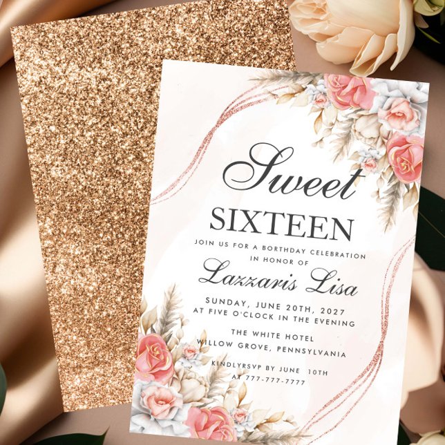 Invitación Elegante Purpurina Floral Peach Dulce 16 Cumpleaño (Subido por el creador)