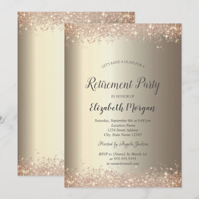 Invitación Elegante Purpurina Fronteriza Retirada de Champagn (Anverso / Reverso)