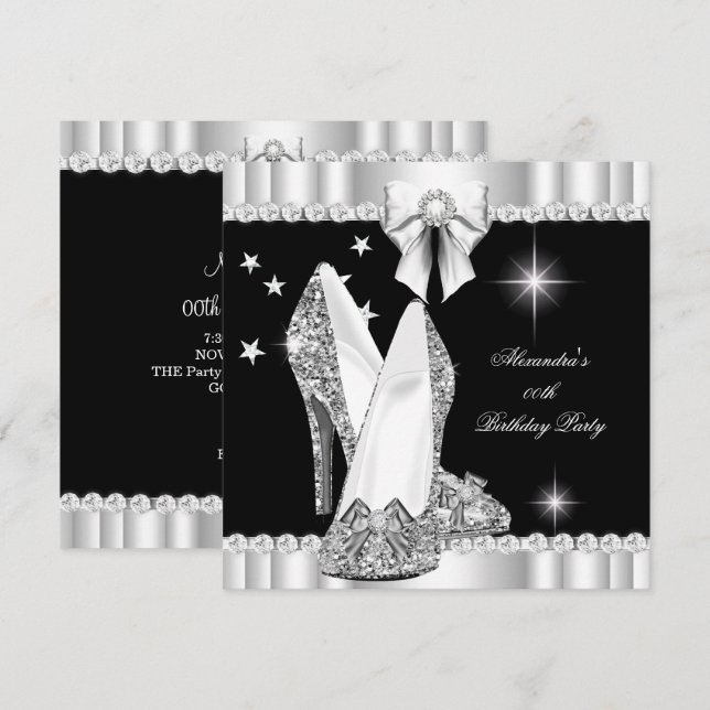 Invitación Elegante Purpurina Glamour Hi Heels Plata Negro 2 (Anverso / Reverso)