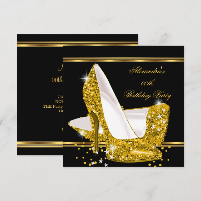 Invitación Elegante Purpurina Glamour Oro Alto Talón Negro (Anverso / Reverso)