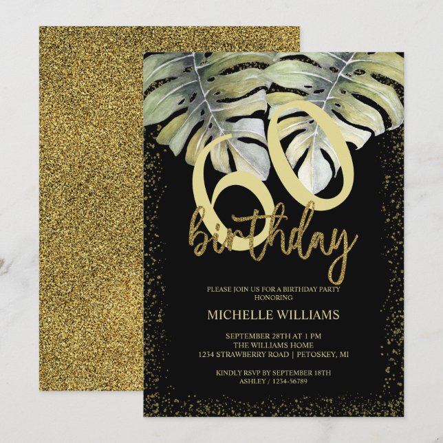 Invitación Elegante Purpurina Gold Caligraphy Cumpleaños (Anverso / Reverso)