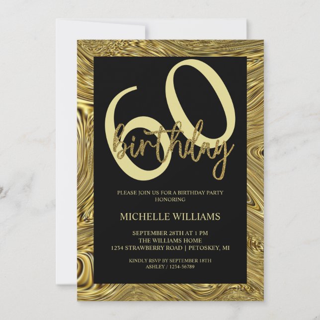 Invitación Elegante Purpurina Gold Caligraphy Cumpleaños (Anverso)