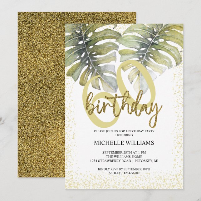 Invitación Elegante Purpurina Gold Caligraphy Cumpleaños (Anverso / Reverso)