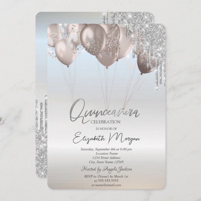 Invitación Elegante Purpurina gotea globos Quinceañera platea (Anverso / Reverso)