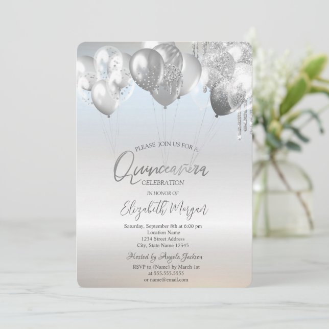 Invitación Elegante Purpurina gotea globos Quinceañera platea (Anverso de pie)