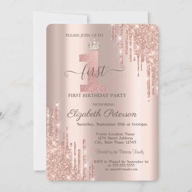 Invitación Elegante Purpurina gotea Tiara Rosa Gold Primer cu (Anverso)