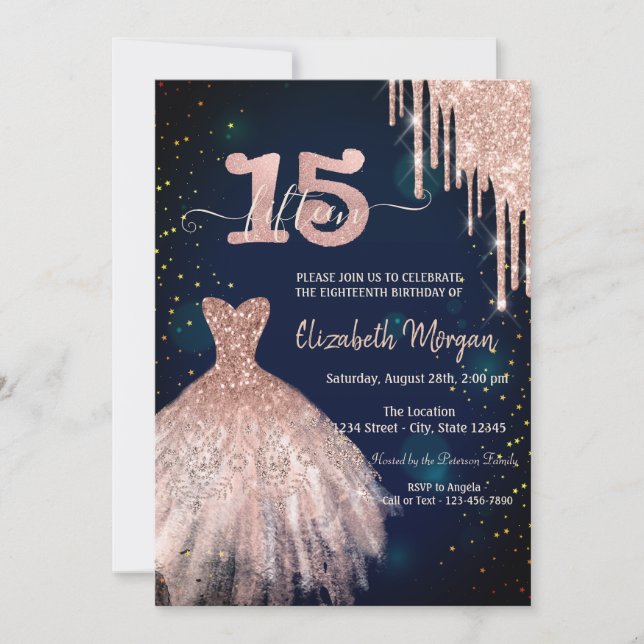 Invitación Elegante Purpurina goteo vestido azul de la marina (Anverso)