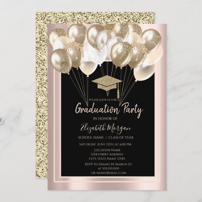 Invitación Elegante Purpurina Grad Cap, Globos Rosa Oro (Anverso / Reverso)