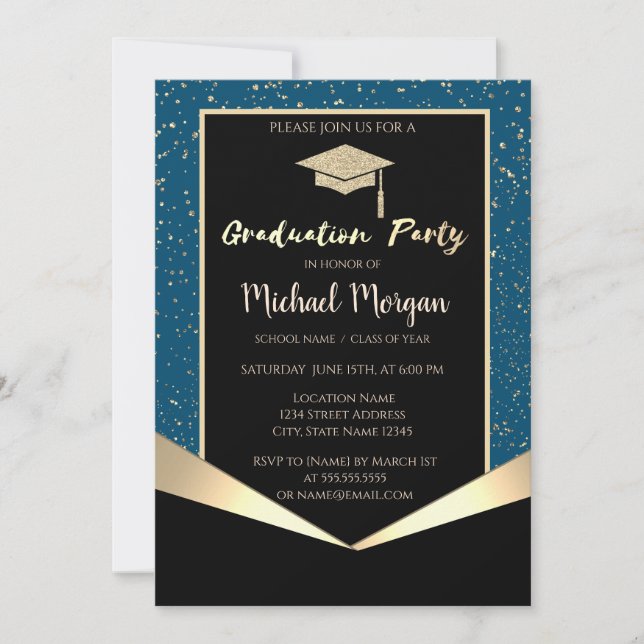 Invitación Elegante Purpurina Grad Cap, Graduación Confetti (Anverso)