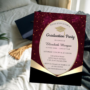 Invitación Elegante Purpurina Grad Cap, Graduación Confetti