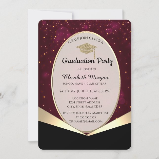 Invitación Elegante Purpurina Grad Cap, Graduación Confetti (Anverso)