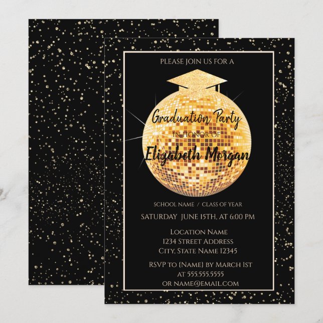 Invitación Elegante Purpurina Graduación Cap, Disco Ball Conf (Anverso / Reverso)