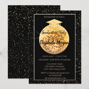 Invitación Elegante Purpurina Graduación Cap, Disco Ball Conf