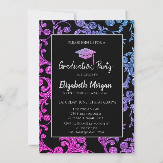 Invitación Elegante Purpurina Graduación Cap,Ombre Swirls (Anverso)