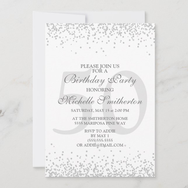 Invitación Elegante Purpurina gris plateado blanco 50 cumplea (Anverso)