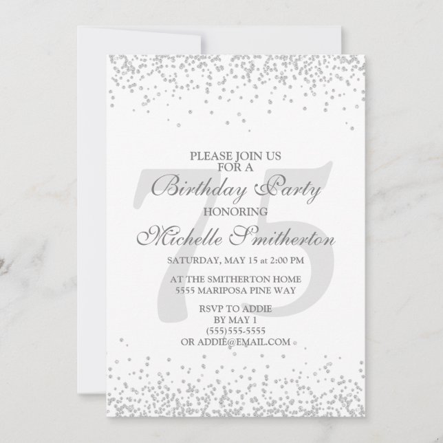 Invitación Elegante Purpurina gris plateado blanco 75º cumple (Anverso)