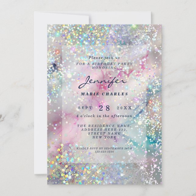 Invitación Elegante Purpurina Holográfico con tinta de alcoho (Anverso)