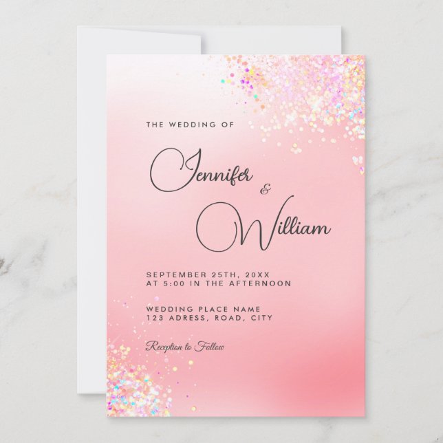 Invitación Elegante Purpurina holográfico moderno Boda rosa (Anverso)