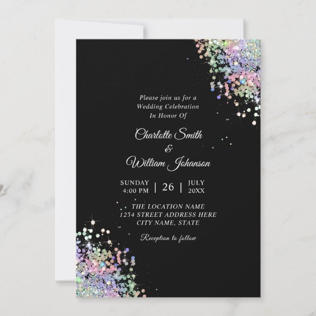 Invitación Elegante Purpurina holográfico negro moderno (Anverso)