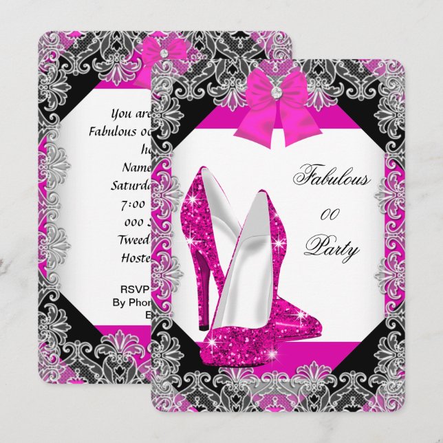 Invitación Elegante Purpurina Hot Pink Stiletto Birthday Part (Anverso / Reverso)