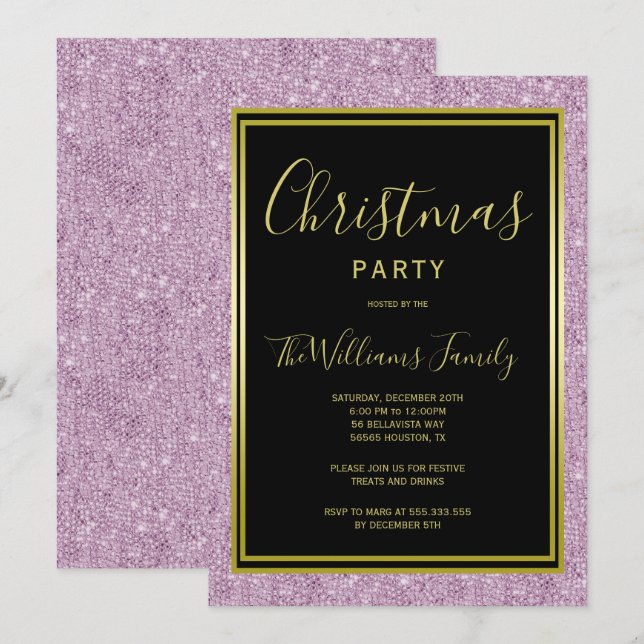 Invitación Elegante Purpurina Lilac, Fiesta de Navidades con  (Anverso / Reverso)