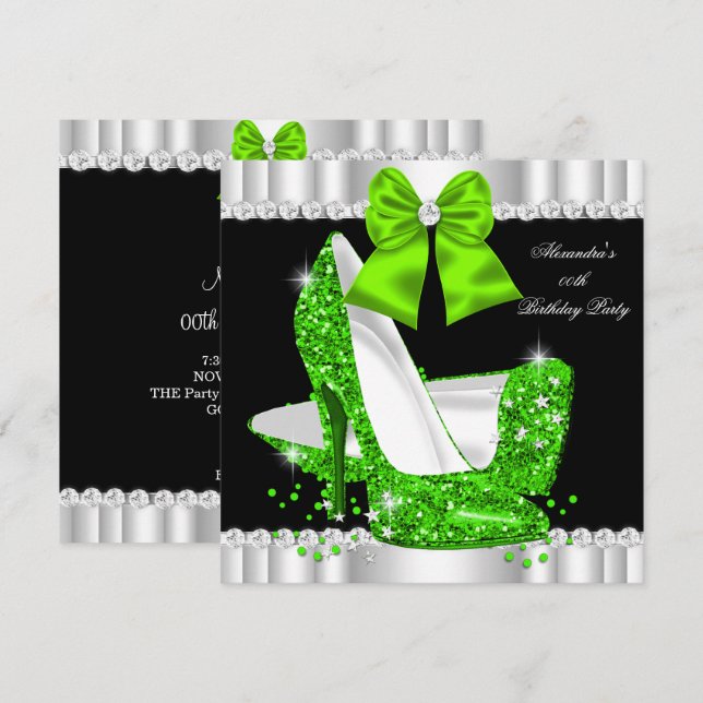 Invitación Elegante Purpurina Lime Glamour High Heels Cumplea (Anverso / Reverso)