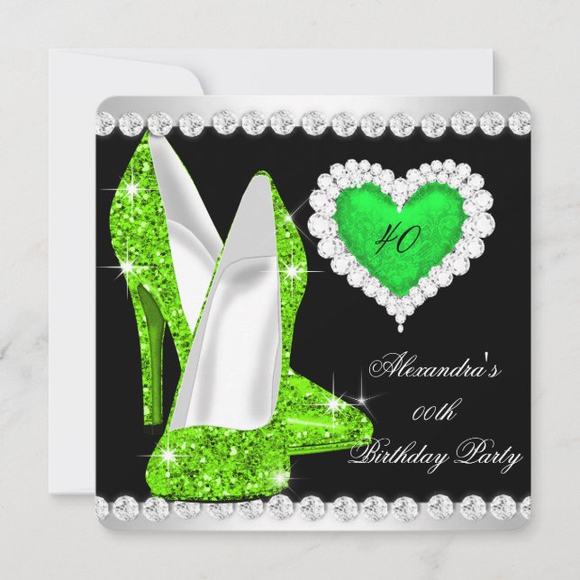 Invitación Elegante Purpurina Lime Green Heart Shoes Cumpleañ (Anverso)