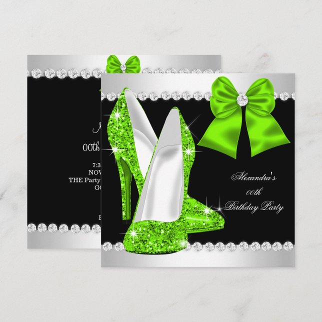 Invitación Elegante Purpurina Lime Green High Heels Cumpleaño (Anverso / Reverso)