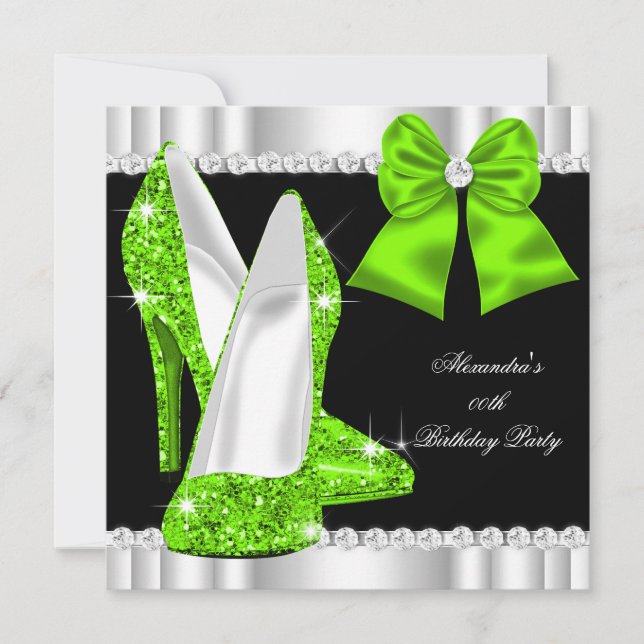 Invitación Elegante Purpurina Lime Green High Heels Cumpleaño (Anverso)