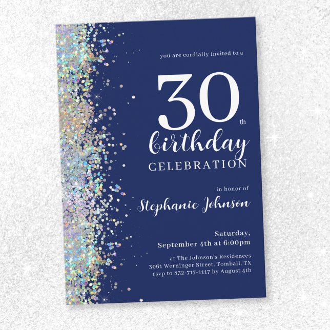 Invitación Elegante Purpurina Marina Azul 30 cumpleaños (Elegant Glitter Navy Blue 30th Birthday Invitation)