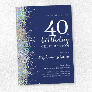 Invitación Elegante Purpurina Marina Azul 40 Fiesta de cumple