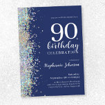 Invitación Elegante Purpurina Marina Azul 90 cumpleaños<br><div class="desc">Elegante Purpurina Navy Blue 90th Birthday Invitation. Para una invitación de cumpleaños con un toque de elegancia, este diseño muestra un estilo moderno y sofisticado con la cantidad justa de brillo. La invitación tiene un fondo adornado con elegantes acentos purpurinas que captan la luz de forma bonita. La tipografía moderna...</div>