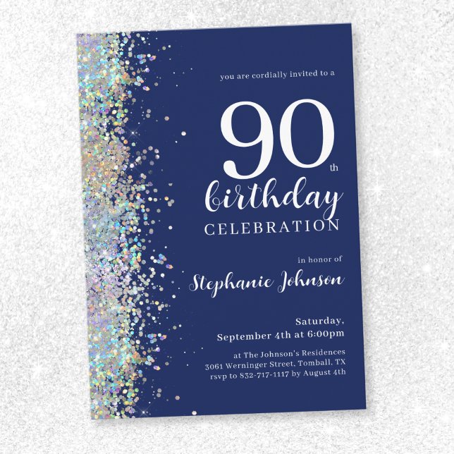 Invitación Elegante Purpurina Marina Azul 90 cumpleaños (Elegant Glitter Navy Blue 90th Birthday Invitation)