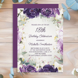 Invitación Elegante Purpurina morado blanco floral 18 cumplea