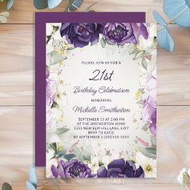Invitación Elegante Purpurina morado blanco floral 21 cumplea