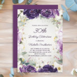 Invitación Elegante Purpurina morado blanco floral 30 cumplea<br><div class="desc">Elegante invitación para fiestas de cumpleaños número 30 para mujeres con flores pintadas a mano en blanco y violeta bonito y hojas verdes con acento de purpurina dorado. Personalizado con un nombre y toda la información de su fiesta. Comuníquese conmigo para obtener ayuda con sus personalizaciones o para solicitar productos...</div>