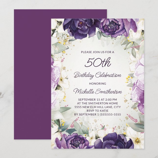 Invitación Elegante Purpurina morado blanco floral 50 cumplea (Anverso / Reverso)