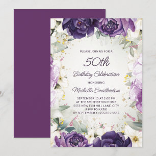 Invitación Elegante Purpurina morado blanco floral 50 cumplea